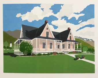 Brigham's Forest Farmhouse - 12-color reduction linocut, signed limited edition