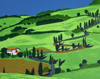 Road to Montecchiello - - 9-color reduction linocut, signed limited edition