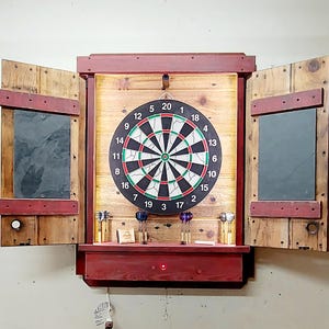 Dartboard Cabinet (RED) With Doors LEDs - Laser Throw Line  - Wi-Fi App