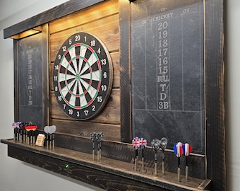 Deluxe Dartboard Cabinet with Dual Slate chalkboards and LED Lights 55x38!