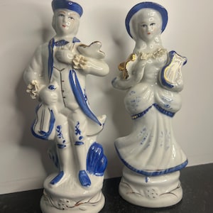 Vintage White and Blue Man and Woman Musicians Figurines  - Set of 2 Vintage Porcelain Figurines