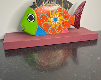 Vintage Wooden Fish Figurine Hand Carved Hand Painted from Oaxaca Mexico - Vintage Wood Fish Statue on a Stand - Fish Home Accent