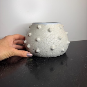 May include: A textured, light gray ceramic vase with a rounded shape and small, evenly spaced conical protrusions. The rim has a light blue hue. The vase is displayed on a black surface.