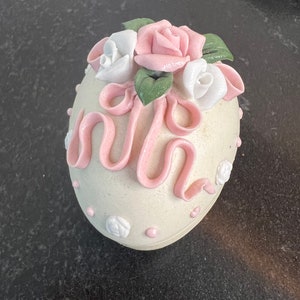 Vintage Enesco Pink and White Rose and Ribbon Egg-Shaped Trinket Box