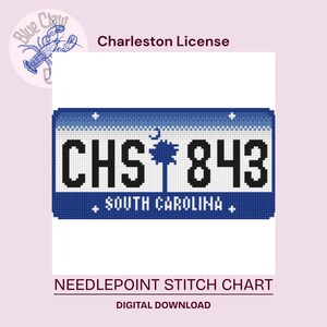 May include: A digital needlepoint stitch chart featuring a blue and white Charleston, South Carolina license plate design. The license plate reads "CHS 843" and "SOUTH CAROLINA". The image also includes a lobster illustration.