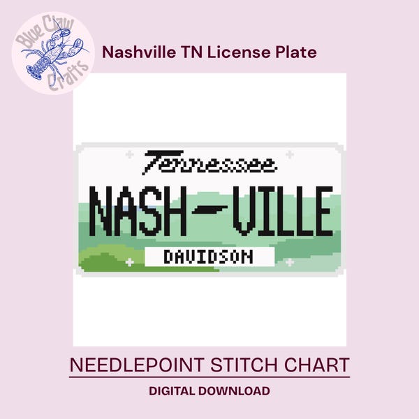 Nashville Tennessee Licens Nålstygnsdiagram, digitalt stygndiagram PDF för korsstygn och nålstygnsduk