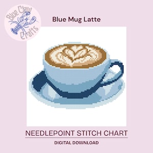 May include: A digital needlepoint stitch chart showing a pixelated image of a blue mug latte. The latte art is a heart shape. The text "Blue Mug Latte" and "Needlepoint Stitch Chart Digital Download" are also included.