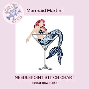 Digitale borduursteekkaart zeemeermin martini, digitale steekkaart pdf voor kruissteek en borduurcanvas