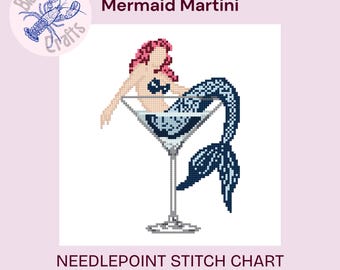 Mermaid Martini Digital Needlepoint Chart, Digital Stitch Chart PDF for Cross Stitch and Needlepoint Canvas