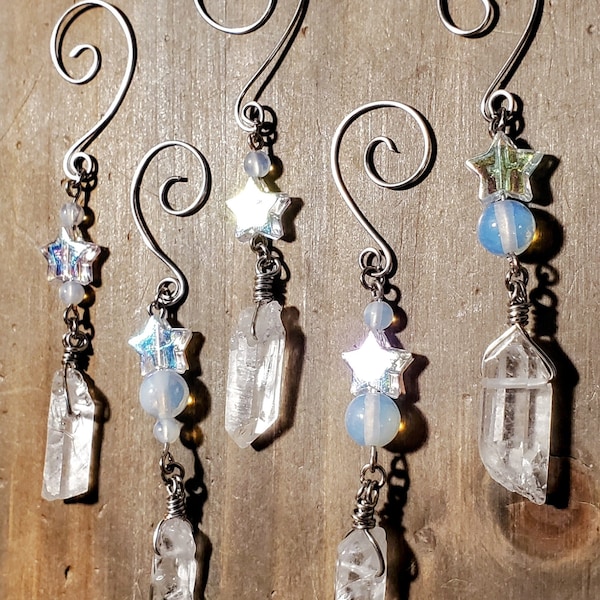 CHRISTMAS TREE ORNAMENT - Clear Quartz, Opalite, and Acrylic Star Crystal. Healing, Protective, Crystal Stone Charm Tree Ornament/Decoration