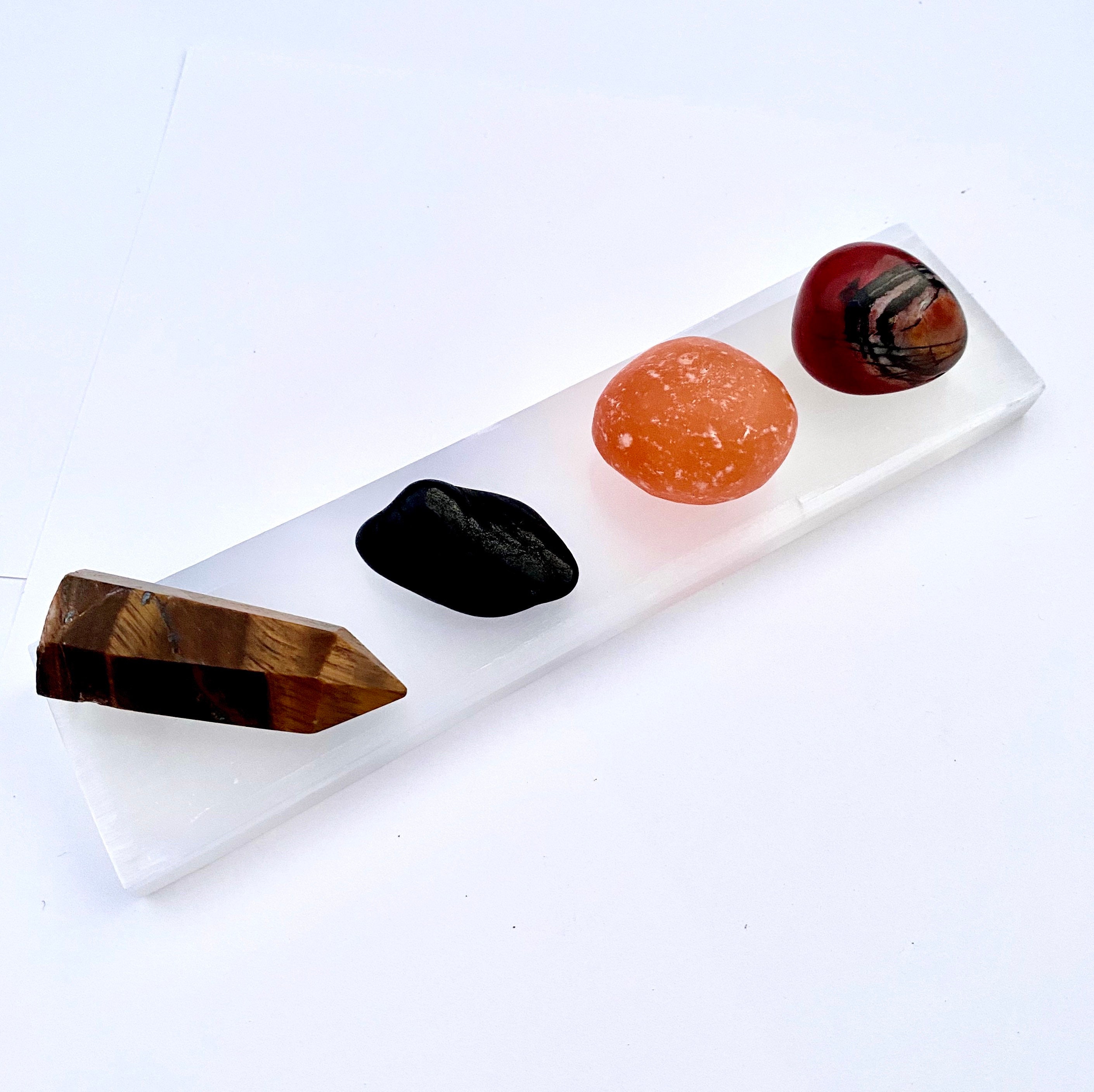 Crystals for Courage, Crystal Collection, Tiger’s Eye Point, Selenite Bar, Tumbled Carnelian Crystals for Courage, Crystal Collection, Tiger’s Eye Point, Selenite Bar, Tumbled Carnelian