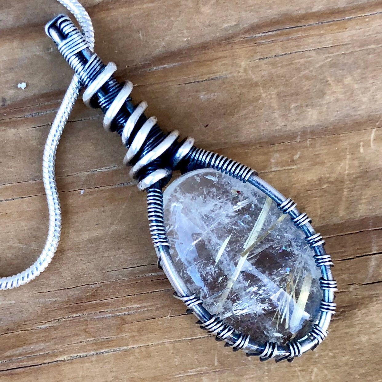 Golden Rutilated Quartz Silver Wire Wrapped Crystal Pendant Necklace ...