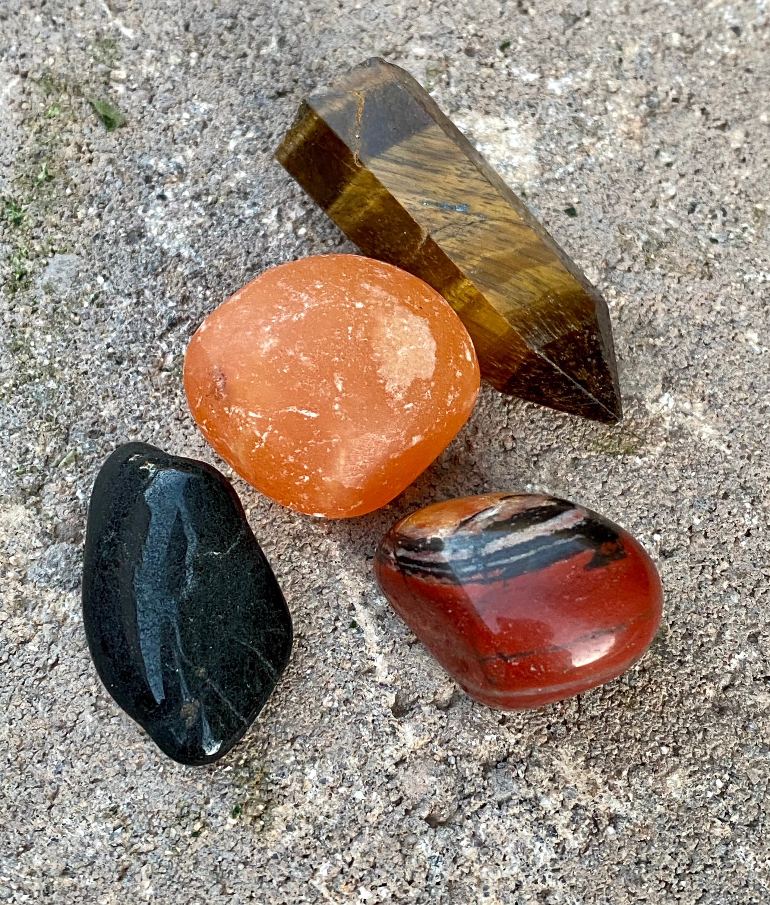 Crystals for Courage, Crystal Collection, Tiger’s Eye Point, Selenite Bar, Tumbled Carnelian Crystals for Courage, Crystal Collection, Tiger’s Eye Point, Selenite Bar, Tumbled Carnelian