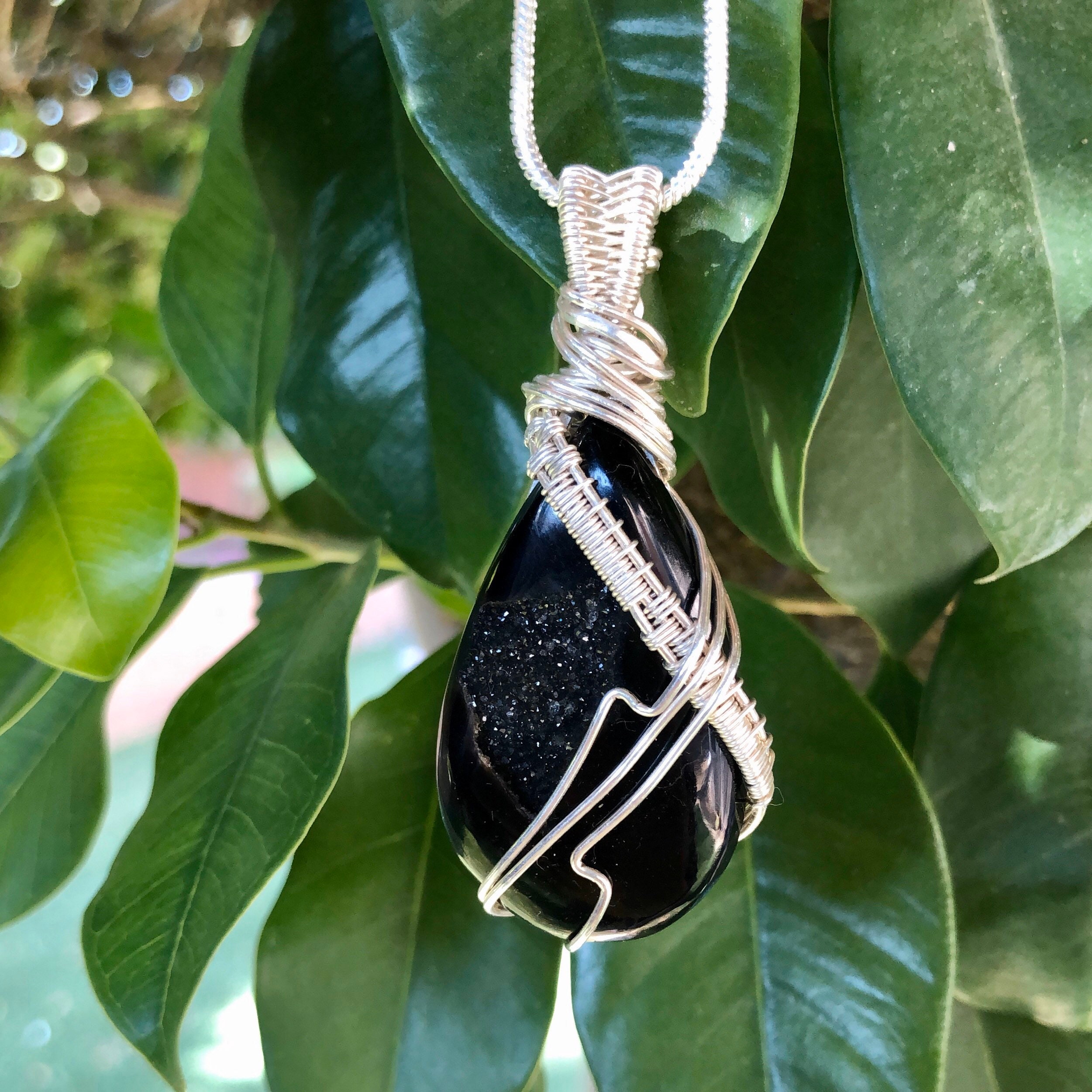 Druzy Onyx Sterling Silver Wire Wrapped Pendant, Black Stone Pendant