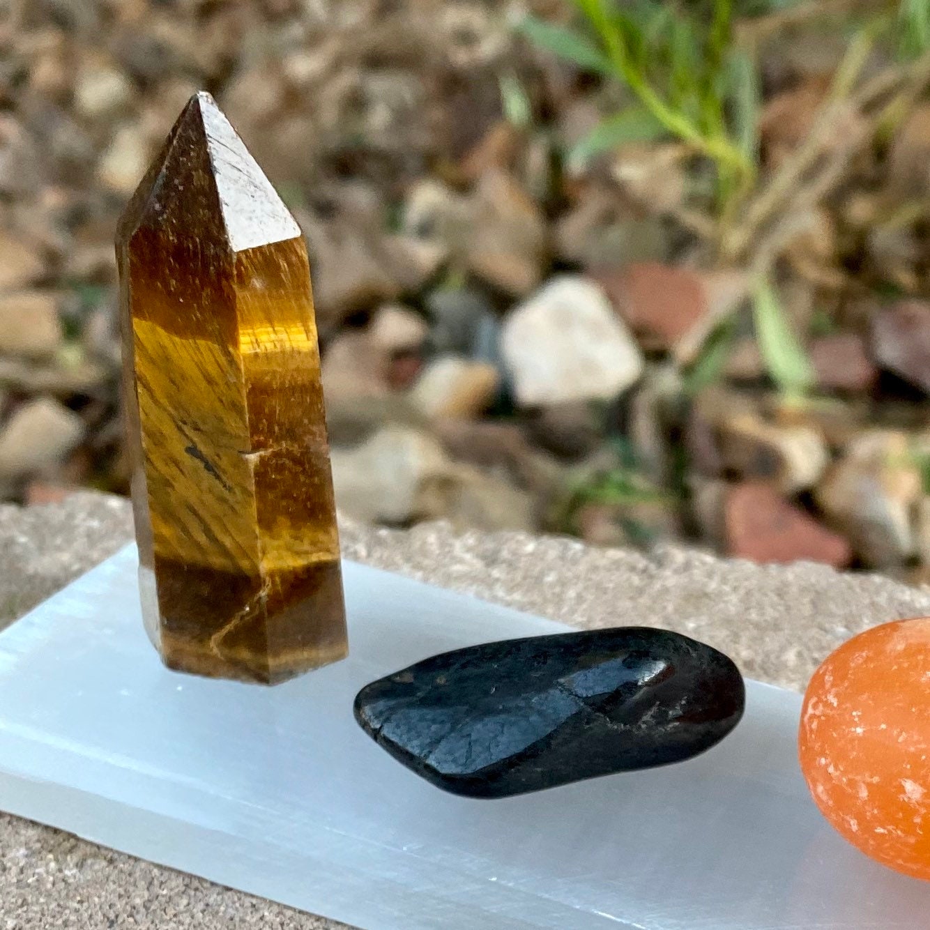 Crystals for Courage, Crystal Collection, Tiger’s Eye Point, Selenite Bar, Tumbled Carnelian Crystals for Courage, Crystal Collection, Tiger’s Eye Point, Selenite Bar, Tumbled Carnelian