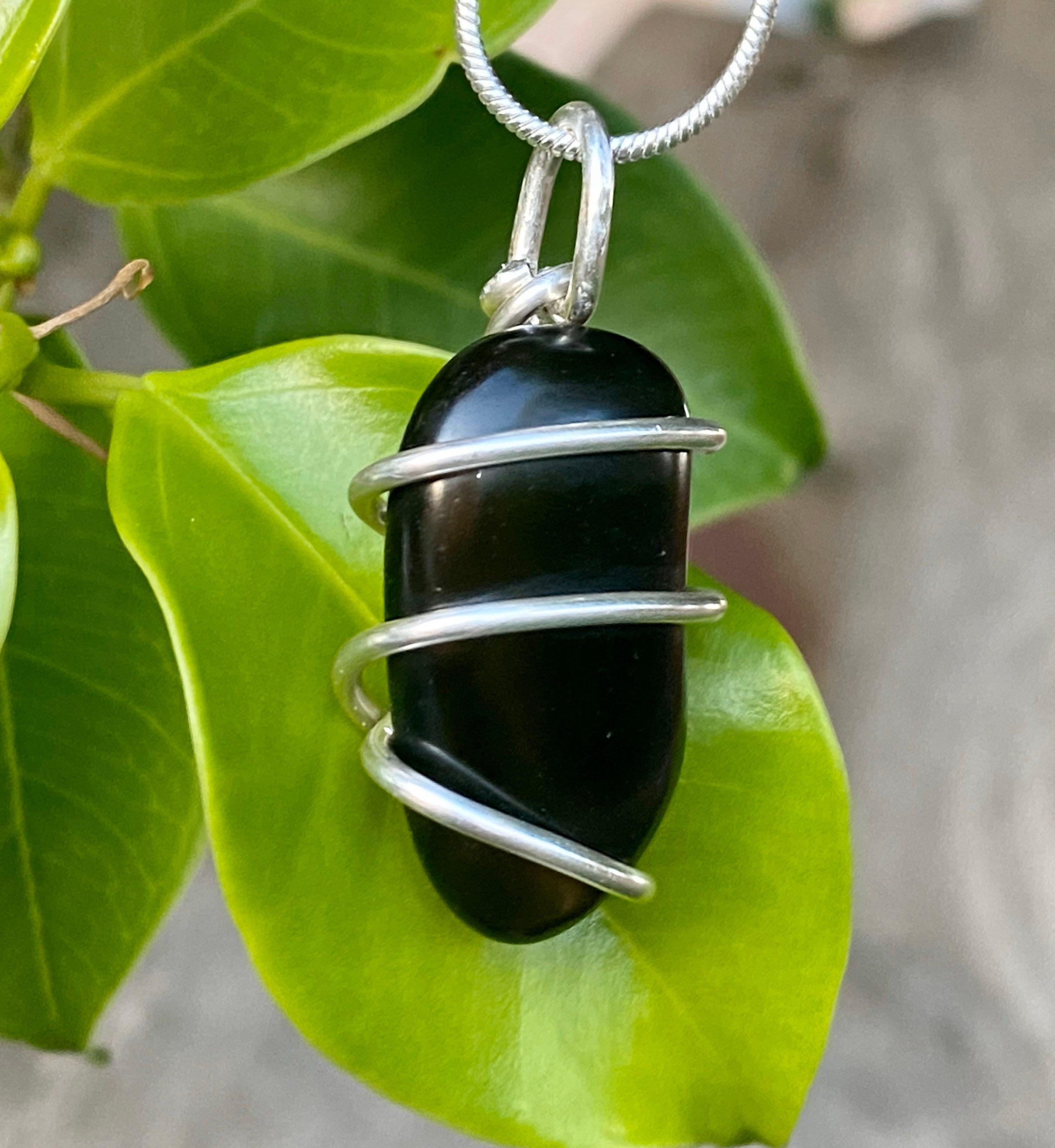 Apache Tear Wire Wrapped Pendant, Obsidian Necklace, Apache Tear Stone