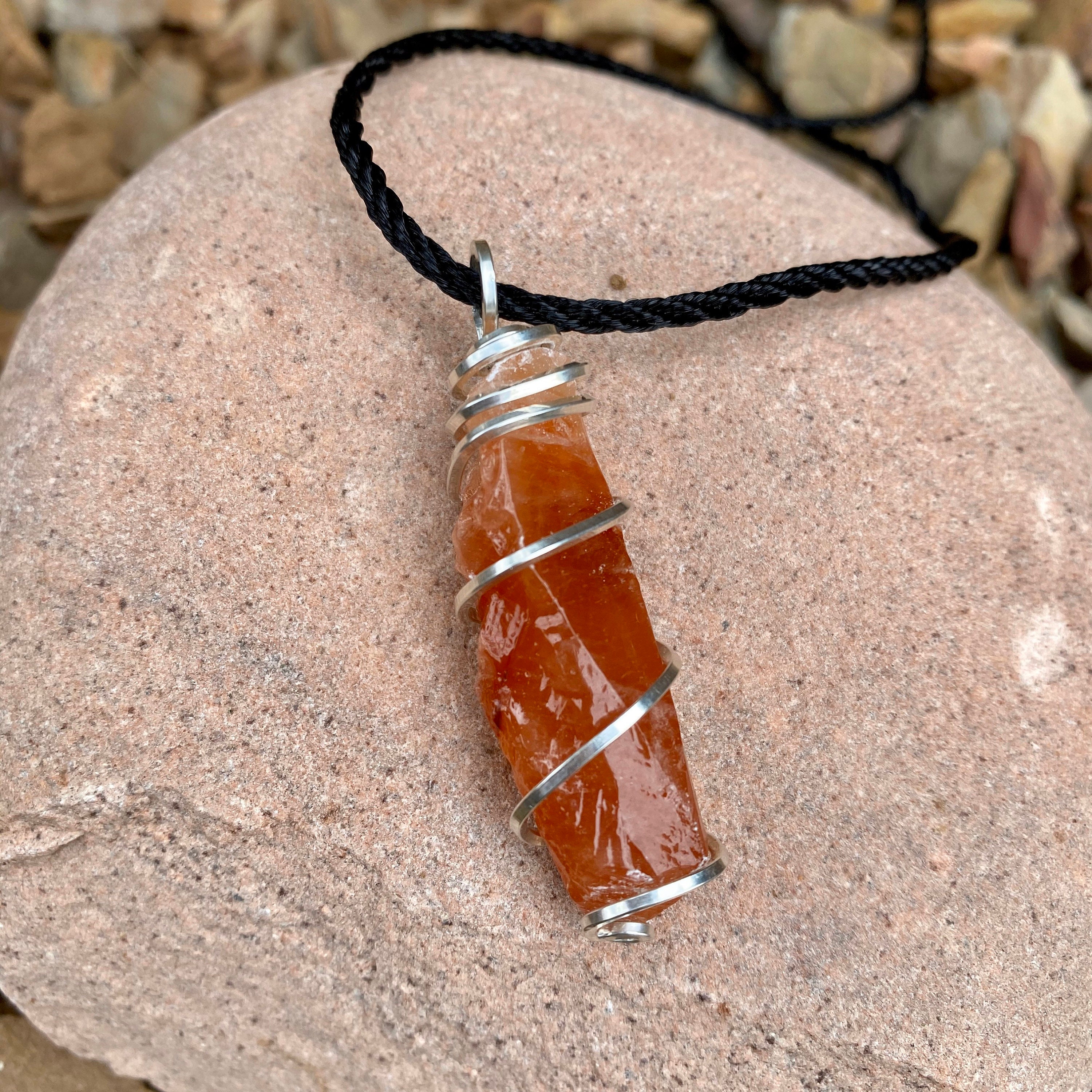 Raw Red Calcite Crystal Wire Wrapped Pendant Necklace