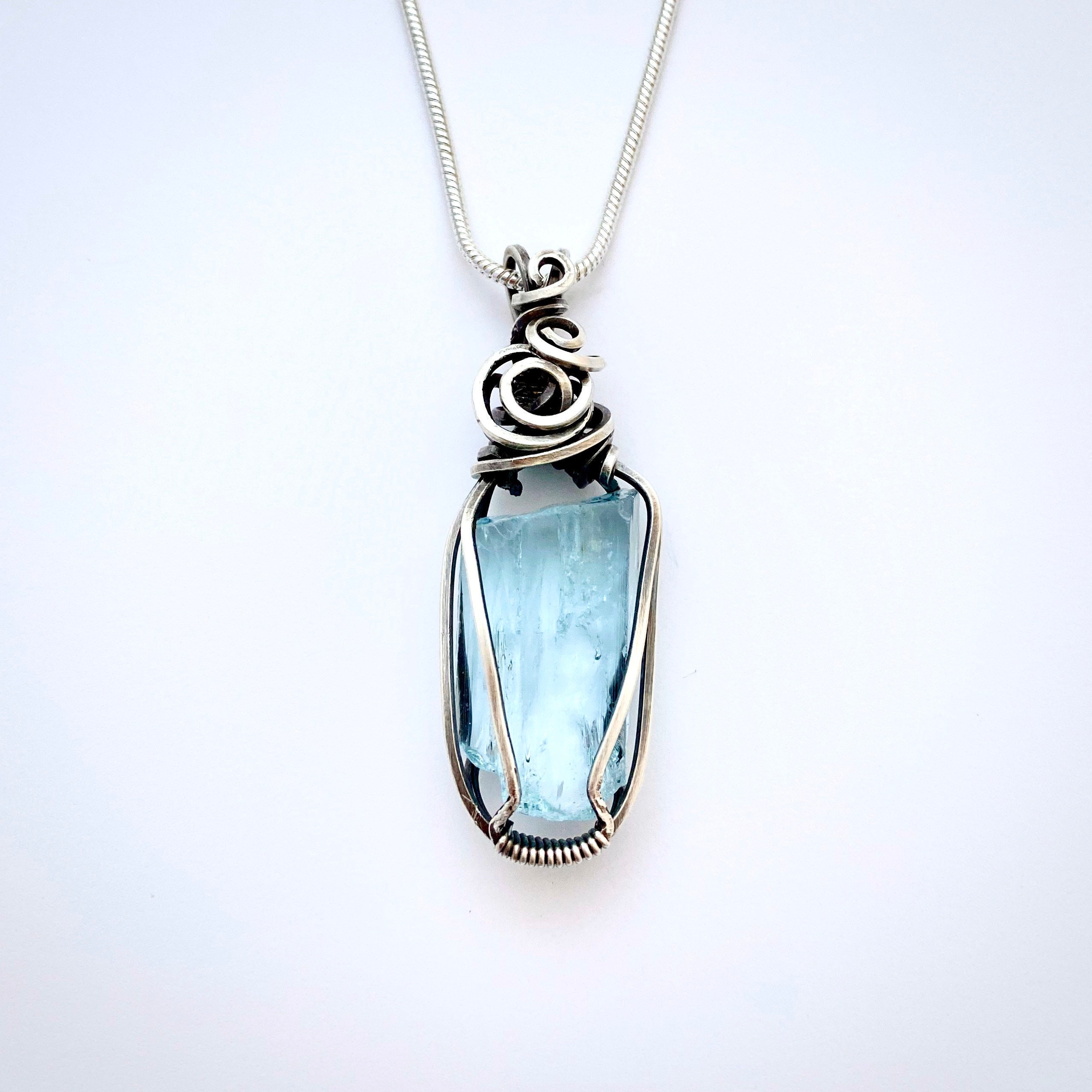 Aquamarine Sterling Silver Wire Wrapped Pendant, Natural Aquamarine ...