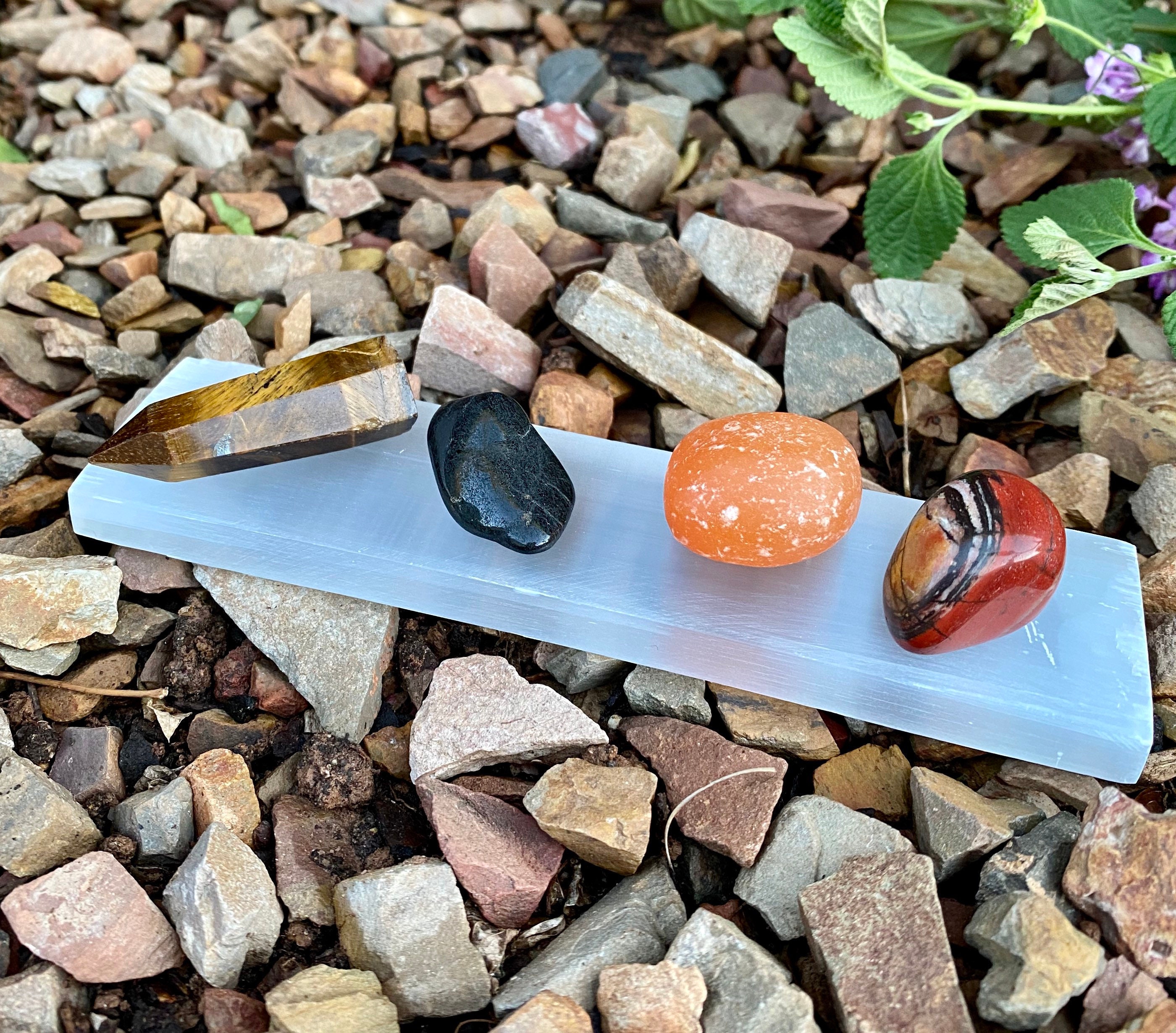 Crystals for Courage, Crystal Collection, Tiger’s Eye Point, Selenite Bar, Tumbled Carnelian