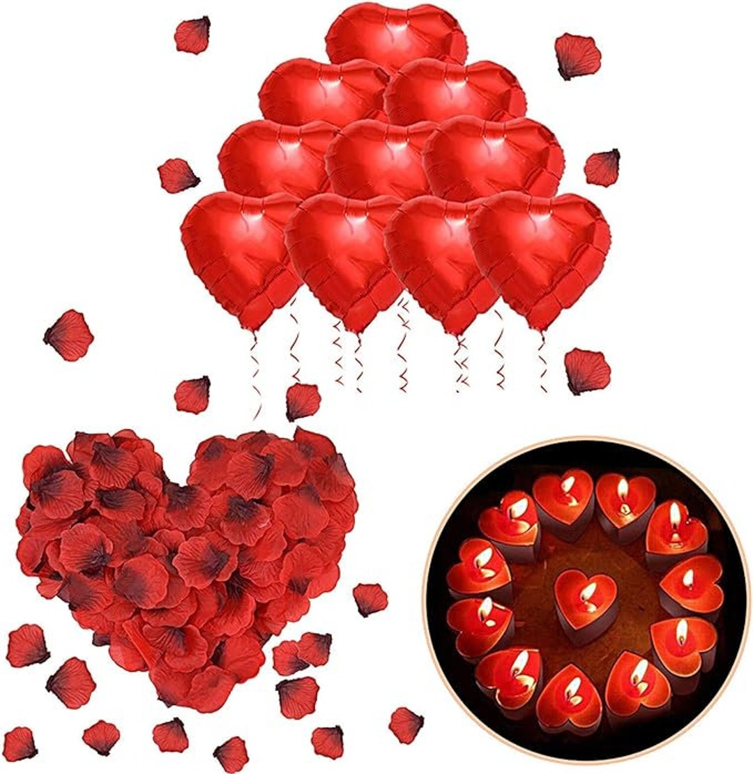 RANJIMA Candele romantiche e petali, 50 candele a forma di cuore + 10  palloncini a forma di cuore rossi + 1000 petali di rosa rossi in seta per  Festa