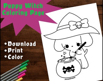 Kawaii Cute Puppy Witch Halloween Printable Coloring Page, Kids Coloring Page