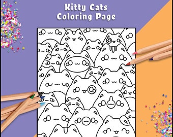 Kitty Cats Coloring Page Digital Download, Cute Kawaii Coloring Page, Color Fun, Animals, Kittens, Cat Coloring Page, Kids Activity