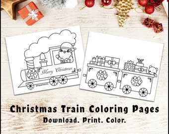 Holiday Christmas Train Printable Coloring Pages (2 pages), Bold & Easy Colouring Sheets (Digital Download)