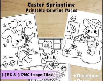 Kawaii Cute Easter Springtime Printable Coloring Pages, Bunny Rabbit Coloring Pages, Spring Coloring Page, Kids Activity