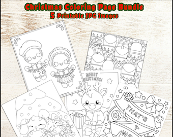 Christmas Holiday Festive Coloring Page Bundle, 5 Print at Home Sheets (Digital Download)