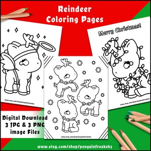 May include: Three black and white coloring pages featuring reindeer illustrations with the text Reindeer Coloring Pages, Merry Christmas, and Digital Download 3 JPG & 3 PNG image Files, accompanied by colored pencils on a red and green background.