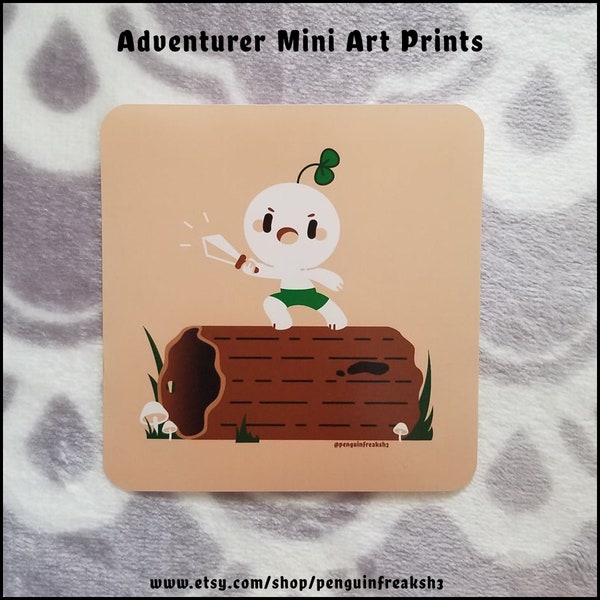 Adventurer 4 by 4 Inch Matte Mini Art Prints, Cute Kawaii Small Art Prints for Home or Office Decor, Little Sprout Chibi Character Art Print