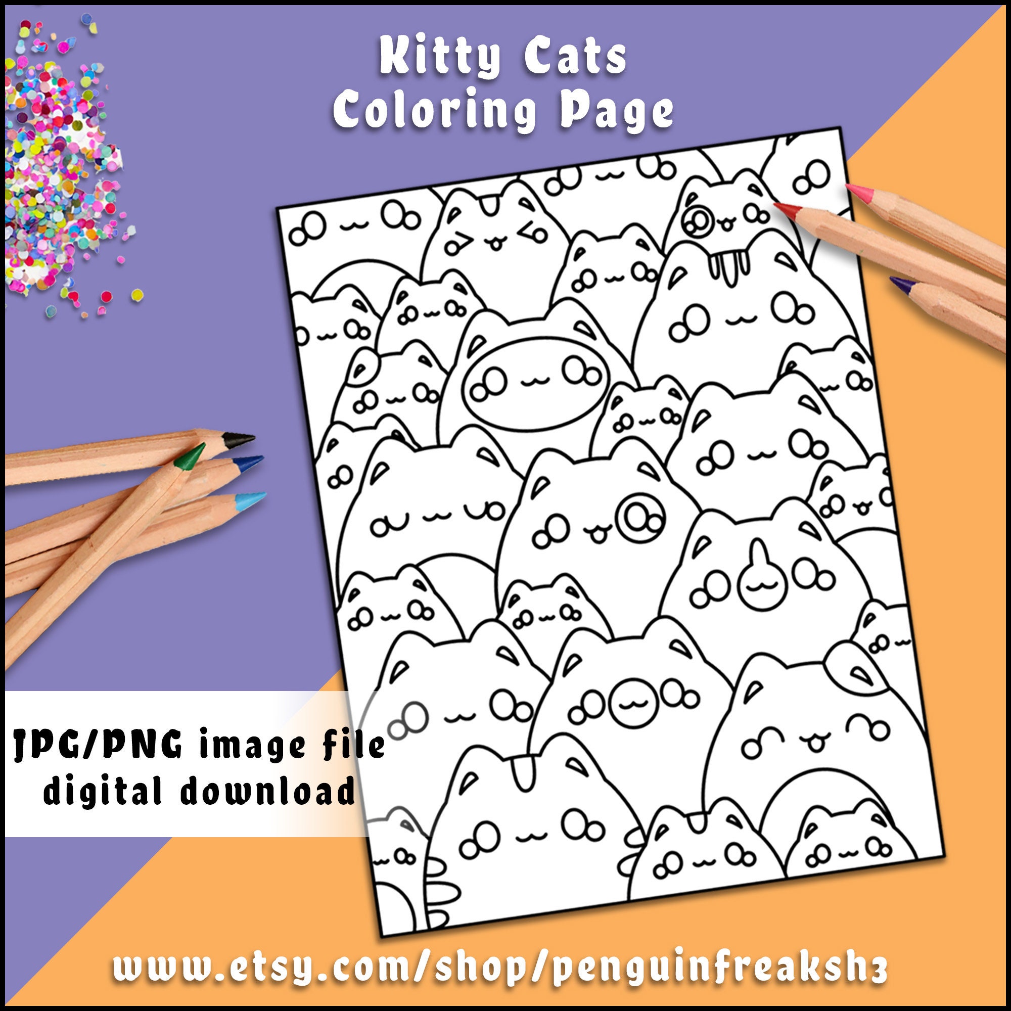 Kitty Cats Coloring Page Digital Download, Cute Kawaii Coloring Page ...