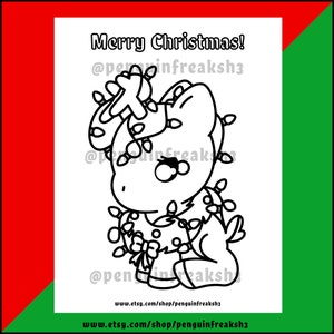 May include: A black and white coloring page featuring a cartoon pony wrapped in Christmas lights with a bow on its chest. The text Merry Christmas! is at the top, and the URL www.etsy.com/shop/penguinfreaksh3 is at the bottom of the page.
