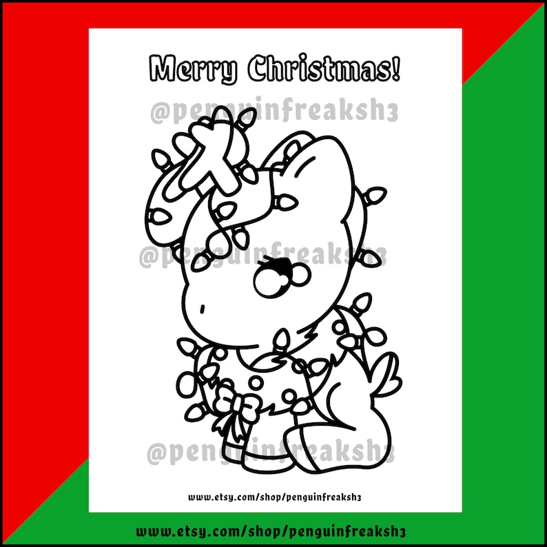 May include: A black and white coloring page featuring a cartoon pony wrapped in Christmas lights with a bow on its chest. The text Merry Christmas! is at the top, and the URL www.etsy.com/shop/penguinfreaksh3 is at the bottom of the page.
