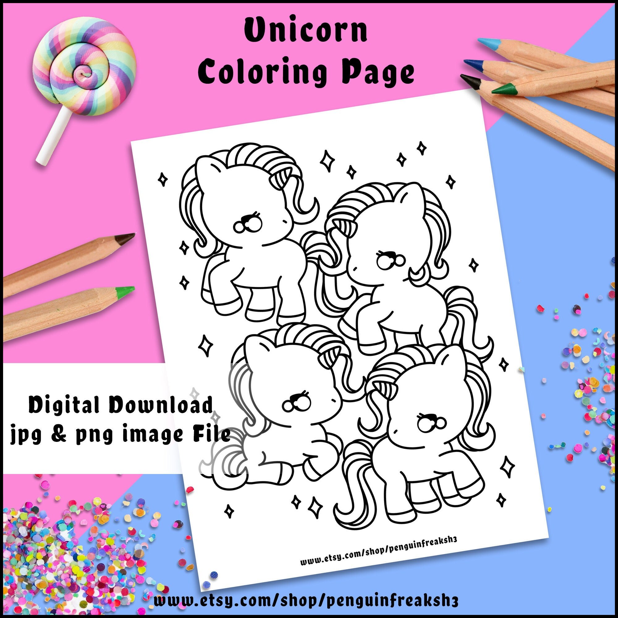Cute Kawaii Unicorn Printable Coloring Page, Magical Fantasy Coloring ...