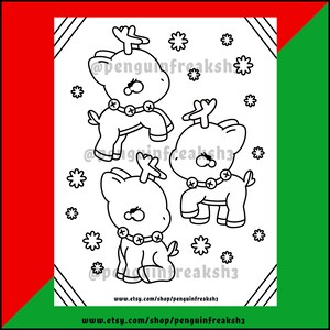 May include: A black and white coloring page featuring three cartoon reindeer with large eyes and bell collars, surrounded by snowflake shapes. The text @penguinfreaksh3 appears multiple times, and www.etsy.com/shop/penguinfreaksh3 is at the bottom.