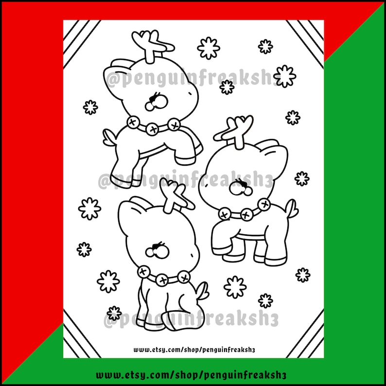 May include: A black and white coloring page featuring three cartoon reindeer with large eyes and bell collars, surrounded by snowflake shapes. The text @penguinfreaksh3 appears multiple times, and www.etsy.com/shop/penguinfreaksh3 is at the bottom.