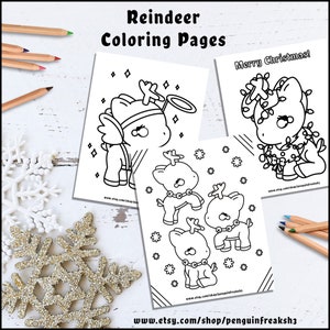 May include: Three white sheets of paper featuring black and white line art of reindeer with the text Reindeer Coloring Pages and Merry Christmas. The pages include illustrations of reindeer with halos, lights, and bells, accompanied by colored pencils.