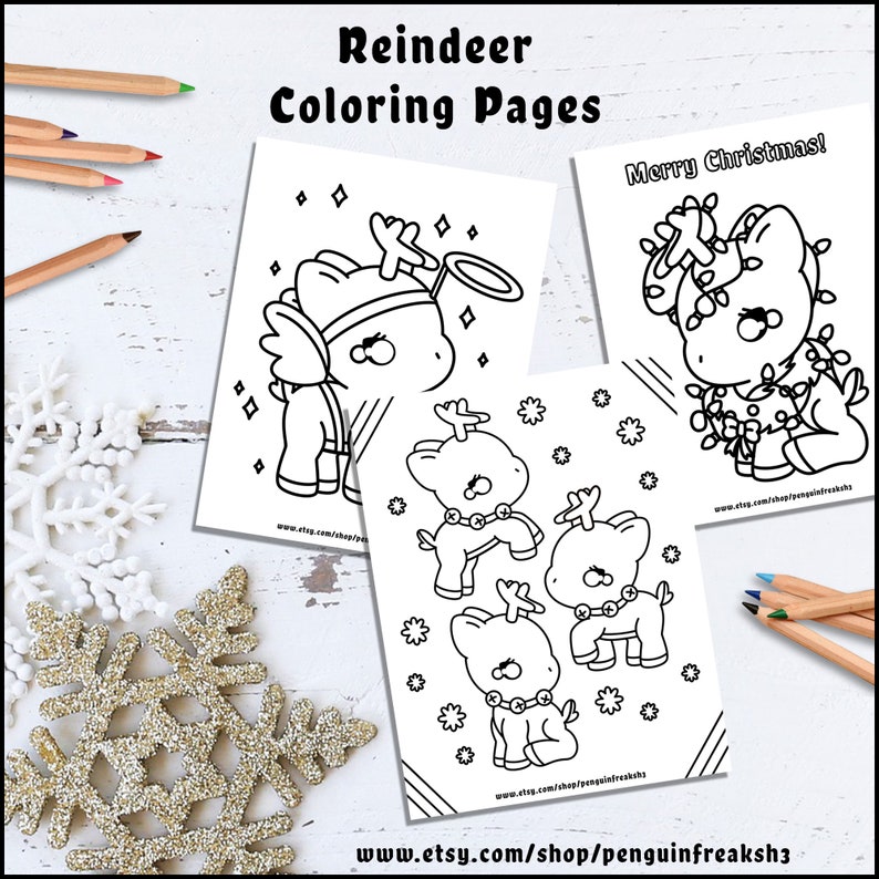 May include: Three white sheets of paper featuring black and white line art of reindeer with the text Reindeer Coloring Pages and Merry Christmas. The pages include illustrations of reindeer with halos, lights, and bells, accompanied by colored pencils.