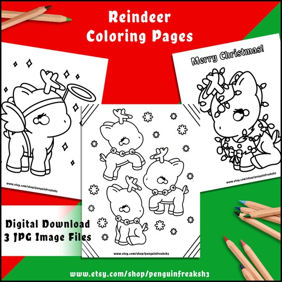 Kawaii Cute Reindeer Christmas Holiday Coloring Pages Instant