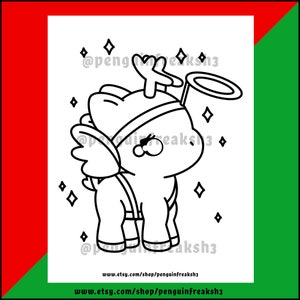 May include: A black and white line art coloring page featuring a cartoon creature with wings, a halo, and antlers. The design is surrounded by small four-pointed stars. The text @penguinfreaksh3 appears multiple times, and the URL www.etsy.com/shop/penguinfreaksh3 is printed at the bottom.