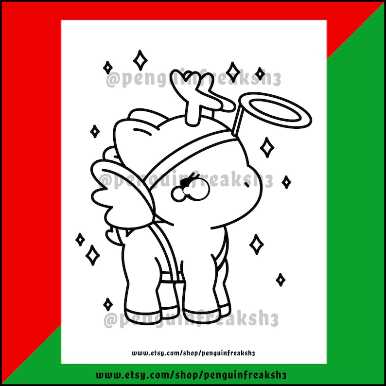 May include: A black and white line art coloring page featuring a cartoon creature with wings, a halo, and antlers. The design is surrounded by small four-pointed stars. The text @penguinfreaksh3 appears multiple times, and the URL www.etsy.com/shop/penguinfreaksh3 is printed at the bottom.