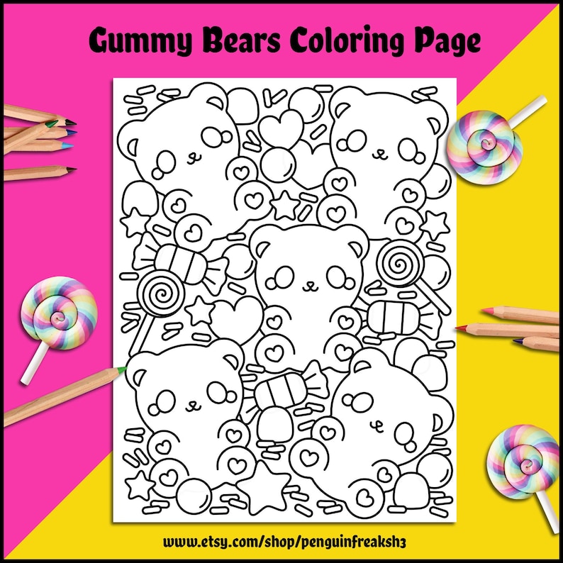 Gummy Bear Candy Coloring Page, Kids Digital Printable Sweet Treats Coloring Page, Cute Fun