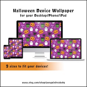 May include: A digital Halloween wallpaper set for desktop, phone, and iPad featuring a purple background with a repeating pattern of orange pumpkins, white ghosts, green monsters, and black bats. Text reads: Halloween Device Wallpaper for your Desktop/Phone/iPad and 9 sizes to fit your devices!
