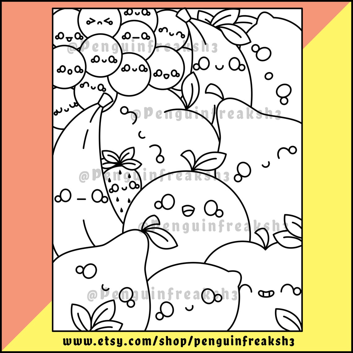 Cute Kawaii Silly Fruits Coloring Page Fun Food Coloring Etsy