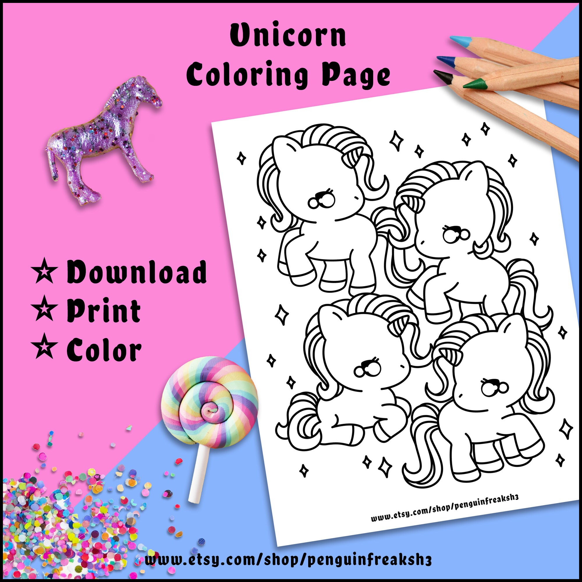 Cute Kawaii Unicorn Printable Coloring Page, Magical Fantasy Coloring ...