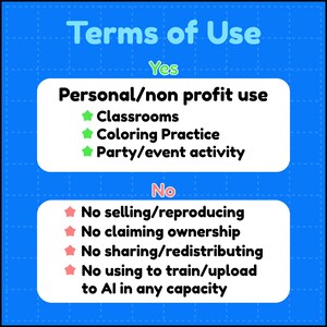 May include: A blue graphic with the title Terms of Use. The Yes section lists personal/non-profit use for classrooms, coloring practice, and party/event activity. The No section lists no selling/reproducing, claiming ownership, sharing/redistributing, or AI training.
