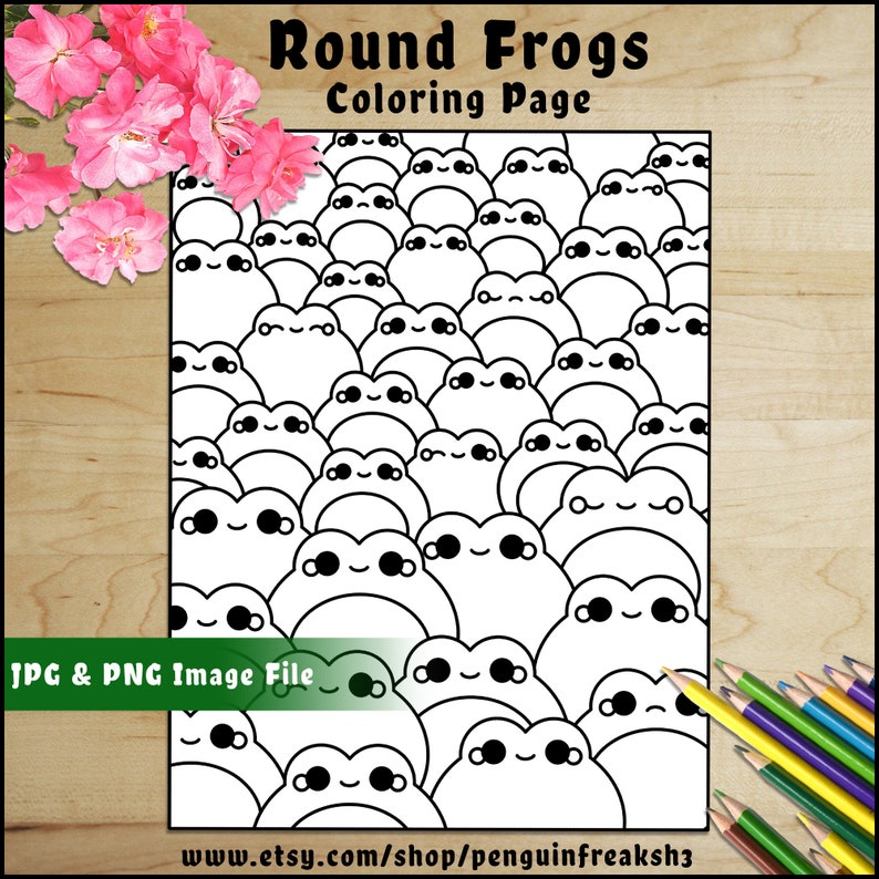 Round Frogs Coloring Page, Cute Kawaii Happy Spring Animals, Chibi Frog ...