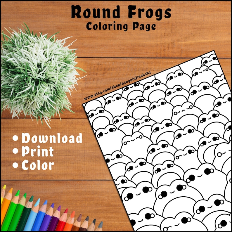 Round Frogs Coloring Page, Cute Kawaii Happy Spring Animals, Chibi Frog ...