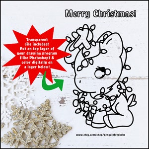 May include: A black and white digital line art illustration of a pony tangled in Christmas lights, featuring the text Merry Christmas and a red starburst graphic with instructions for digital coloring and a website URL at the bottom.